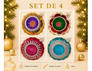 Coffret 4 boules de Noël en verre bicolore motifs pailletés argentés réflecteurs multicolores doré rouge fuchsia argenté Ø10cm