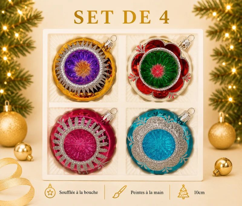 Coffret 4 boules de Noël en verre bicolore motifs pailletés argentés réflecteurs multicolores doré rouge fuchsia argenté Ø10cm
