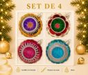 Voir la slide Coffret 4 boules de Noël en verre bicolore motifs pailletés argentés réflecteurs multicolores doré rouge fuchsia argenté Ø10cm