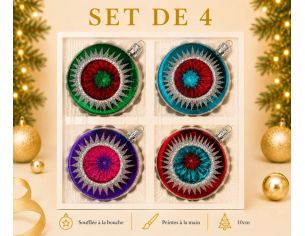 Coffret 4 boules de Noël en verre bicolore rayons pailletés argent réflecteur multicolore vert turquoise violet rouge Ø10cm