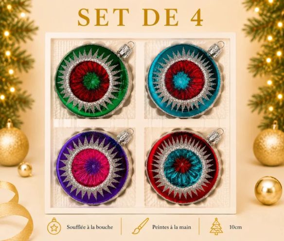 Coffret 4 boules de Noël en verre bicolore rayons pailletés argent réflecteur multicolore vert turquoise violet rouge Ø10cm