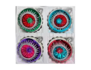 Coffret 4 boules de Noël en verre bicolore rayons pailletés argent réflecteur multicolore vert turquoise violet rouge Ø10cm