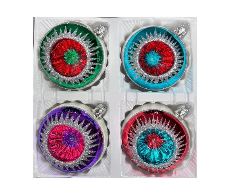 Coffret 4 boules de Noël en verre bicolore rayons pailletés argent réflecteur multicolore vert turquoise violet rouge Ø10cm