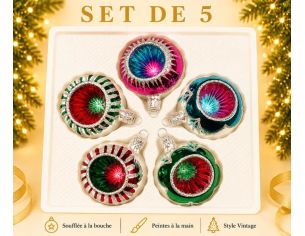 Coffret 5 boules de Noël en verre bicolore motifs pailletés argentés réflecteurs multicolores fuchsia rouge vert  Ø6cm