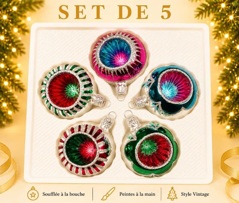 Coffret 5 boules de Noël en verre bicolore motifs pailletés argentés réflecteurs multicolores fuchsia rouge vert  Ø6cm