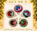 Voir la slide Coffret 5 boules de Noël en verre bicolore motifs pailletés argentés réflecteurs multicolores fuchsia rouge vert  Ø6cm