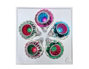 Coffret 5 boules de Noël en verre bicolore motifs pailletés argentés réflecteurs multicolores fuchsia rouge vert  Ø6cm