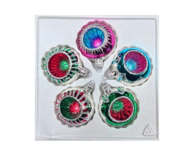 Coffret 5 boules de Noël en verre bicolore motifs pailletés argentés réflecteurs multicolores fuchsia rouge vert  Ø6cm