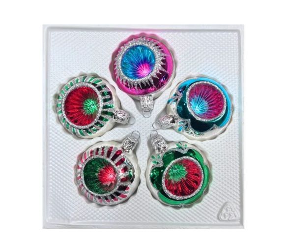 Coffret 5 boules de Noël en verre bicolore motifs pailletés argentés réflecteurs multicolores fuchsia rouge vert  Ø6cm
