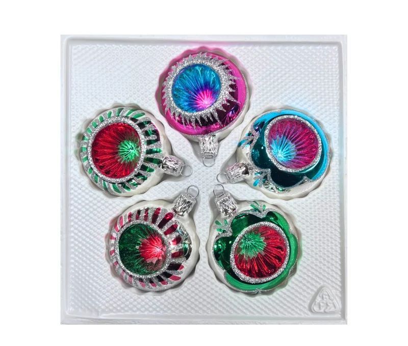 Coffret 5 boules de Noël en verre bicolore motifs pailletés argentés réflecteurs multicolores fuchsia rouge vert  Ø6cm