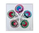 Voir la slide Coffret 5 boules de Noël en verre bicolore motifs pailletés argentés réflecteurs multicolores fuchsia rouge vert  Ø6cm