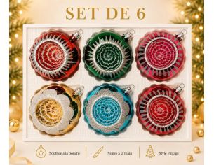 Coffret 6 boules de Noël en verre motifs pailletés argentés variés réflecteurs rouge vert fuchsia doré turquoise Ø8cm
