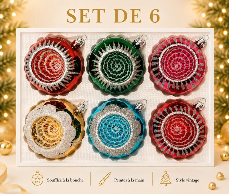 Coffret 6 boules de Noël en verre motifs pailletés argentés variés réflecteurs rouge vert fuchsia doré turquoise Ø8cm
