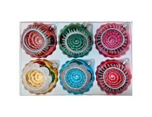 Coffret 6 boules de Noël en verre motifs pailletés argentés variés réflecteurs rouge vert fuchsia doré turquoise Ø8cm