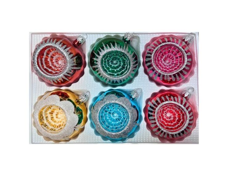 Coffret 6 boules de Noël en verre motifs pailletés argentés variés réflecteurs rouge vert fuchsia doré turquoise Ø8cm
