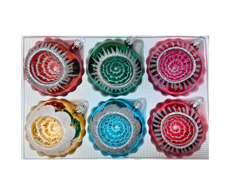 Coffret 6 boules de Noël en verre motifs pailletés argentés variés réflecteurs rouge vert fuchsia doré turquoise Ø8cm