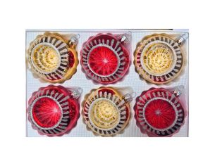 Coffret 6 boules de Noël en verre rouge et doré motifs pailletés argentés réflecteurs Ø8cm