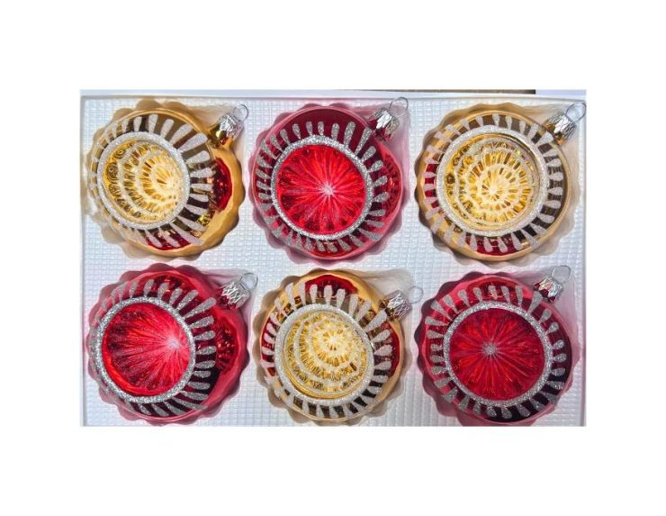 Coffret 6 boules de Noël en verre rouge et doré motifs pailletés argentés réflecteurs Ø8cm
