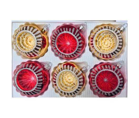 Coffret 6 boules de Noël en verre rouge et doré motifs pailletés argentés réflecteurs Ø8cm
