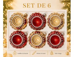 Coffret 6 boules de Noël en verre rouge et doré motifs pailletés argentés réflecteurs Ø8cm