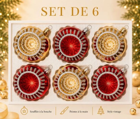 Coffret 6 boules de Noël en verre rouge et doré motifs pailletés argentés réflecteurs Ø8cm
