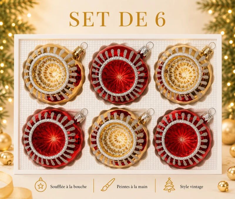 Coffret 6 boules de Noël en verre rouge et doré motifs pailletés argentés réflecteurs Ø8cm