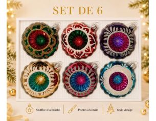 Coffret 6 boules de Noël Héritage en verre bicolore motifs pailletés dentelle réflecteurs multicolores vert rose bleu Ø8cm