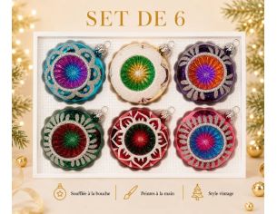 Coffret 6 boules de Noël Éclats d'Antan en verre bicolore motifs pailletés argentés variés réflecteurs multicolores Ø8cm