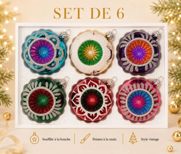 Coffret 6 boules de Noël Éclats d'Antan en verre bicolore motifs pailletés argentés variés réflecteurs multicolores Ø8cm