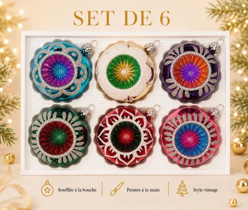 Coffret 6 boules de Noël Éclats d'Antan en verre bicolore motifs pailletés argentés variés réflecteurs multicolores Ø8cm