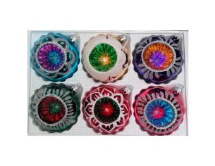 Coffret 6 boules de Noël Éclats d'Antan en verre bicolore motifs pailletés argentés variés réflecteurs multicolores Ø8cm
