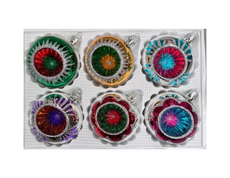 Coffret 6 boules de Noël Trésors en verre bicolore motifs pailletés argentés variés réflecteurs multicolores Ø8cm