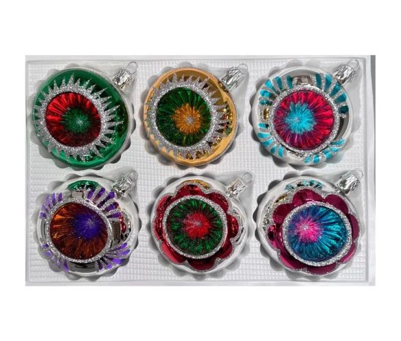 Coffret 6 boules de Noël Trésors en verre bicolore motifs pailletés argentés variés réflecteurs multicolores Ø8cm