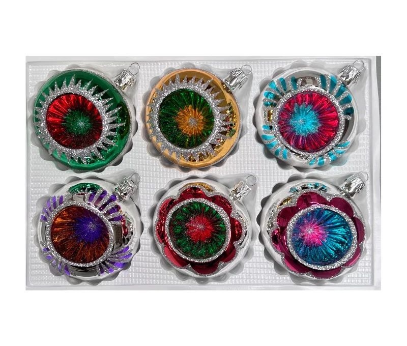 Coffret 6 boules de Noël Trésors en verre bicolore motifs pailletés argentés variés réflecteurs multicolores Ø8cm