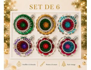 Coffret 6 boules de Noël Trésors en verre bicolore motifs pailletés argentés variés réflecteurs multicolores Ø8cm
