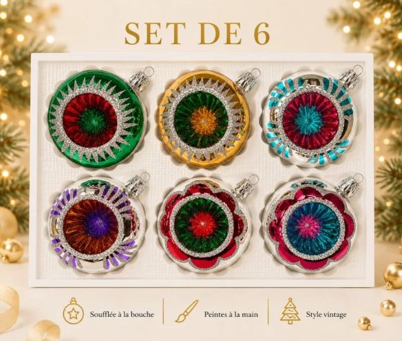 Coffret 6 boules de Noël Trésors en verre bicolore motifs pailletés argentés variés réflecteurs multicolores Ø8cm