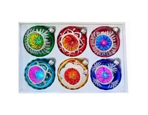 Coffret 6 boules de Noël Héritage en verre décor pailleté argenté fougères couronnes  Ø8cm