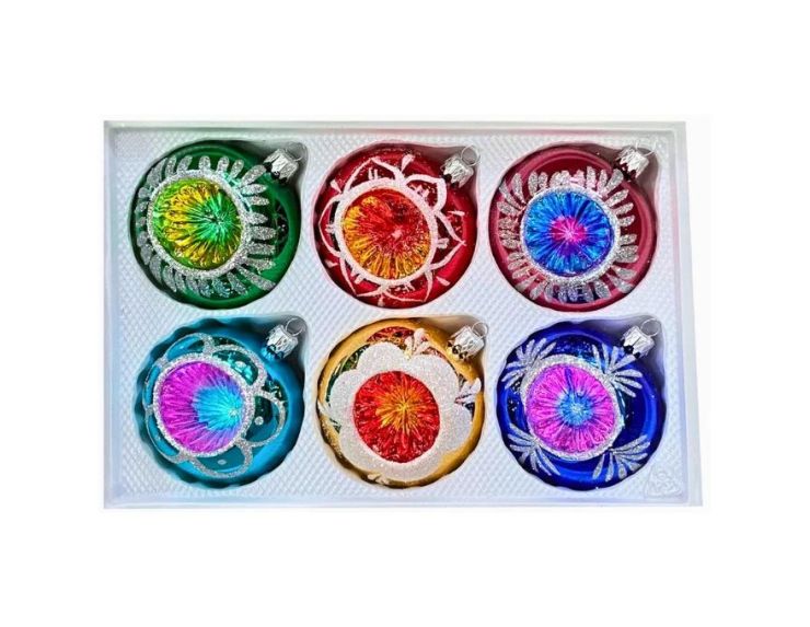 Coffret 6 boules de Noël Héritage en verre décor pailleté argenté fougères couronnes  Ø8cm