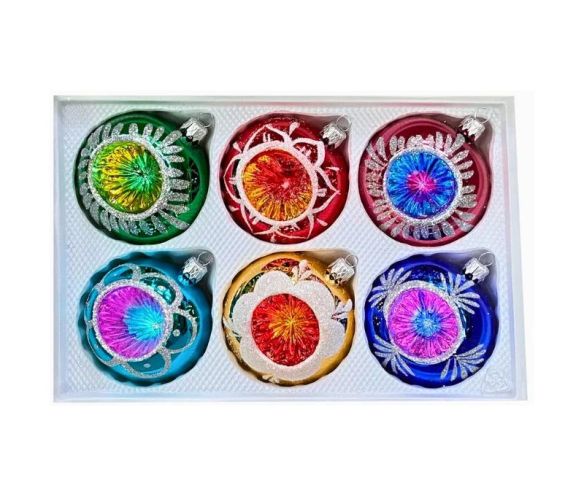 Coffret 6 boules de Noël Héritage en verre décor pailleté argenté fougères couronnes  Ø8cm