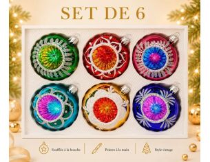 Coffret 6 boules de Noël Héritage en verre décor pailleté argenté fougères couronnes  Ø8cm