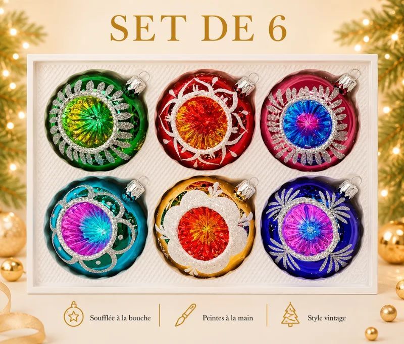 Coffret 6 boules de Noël Héritage en verre décor pailleté argenté fougères couronnes  Ø8cm