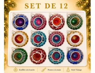 Coffret 12 boules de Noël Héritage en verre bicolore motifs pailletés argentés variés réflecteurs