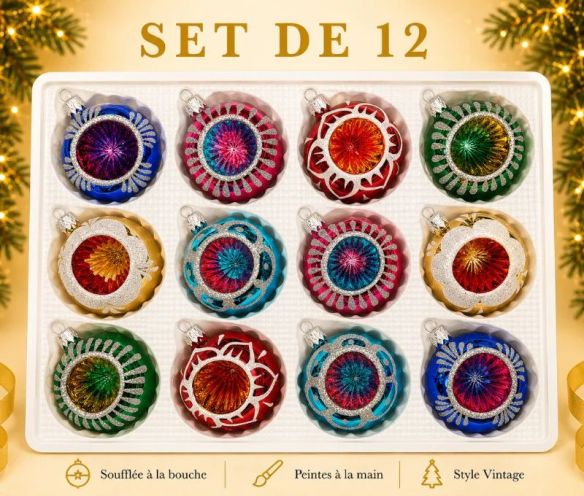 Coffret 12 boules de Noël Héritage en verre bicolore motifs pailletés argentés variés réflecteurs