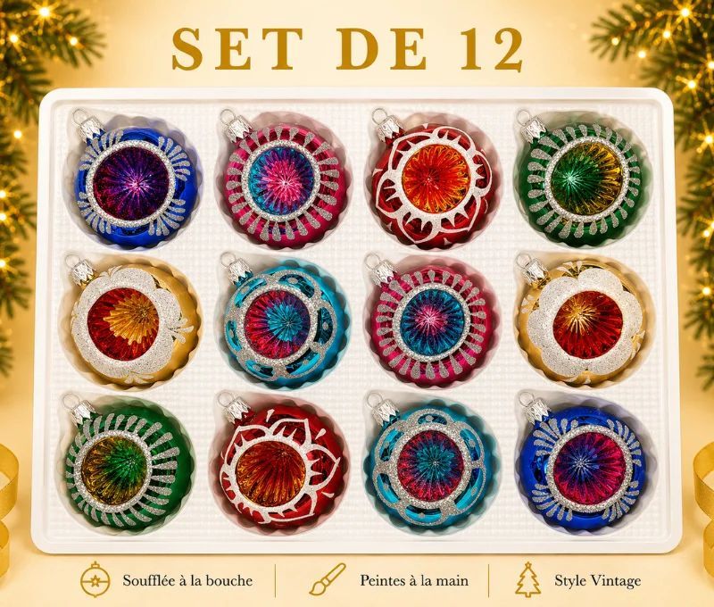 Coffret 12 boules de Noël Héritage en verre bicolore motifs pailletés argentés variés réflecteurs