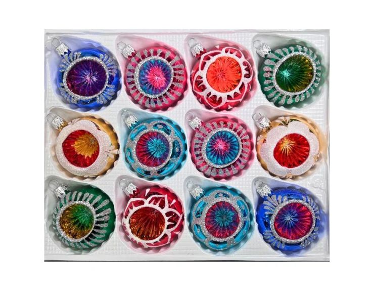 Coffret 12 boules de Noël Héritage en verre bicolore motifs pailletés argentés variés réflecteurs