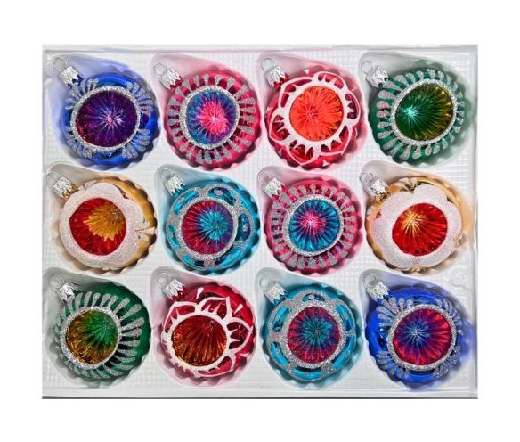 Coffret 12 boules de Noël Héritage en verre bicolore motifs pailletés argentés variés réflecteurs
