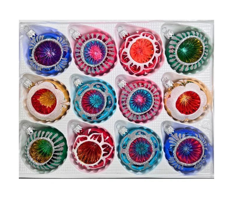 Coffret 12 boules de Noël Héritage en verre bicolore motifs pailletés argentés variés réflecteurs