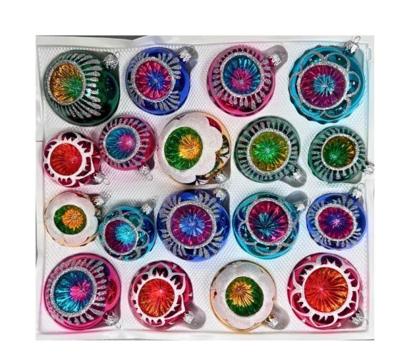 Coffret 18 boules de Noël en verre soufflé bicolore motifs pailletés argentés variés réflecteurs multicolores 8cm 7cm 6cm