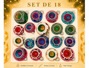 Coffret 18 boules de Noël en verre soufflé bicolore motifs pailletés argentés variés réflecteurs multicolores 8cm 7cm 6cm