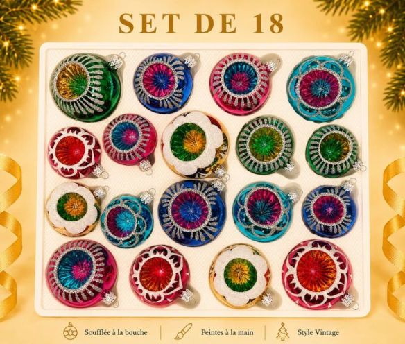 Coffret 18 boules de Noël en verre soufflé bicolore motifs pailletés argentés variés réflecteurs multicolores 8cm 7cm 6cm